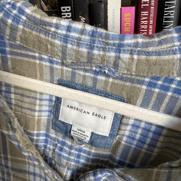 American Eagle blue green plaid flannel cropped long sleeve shirt top western - Picture 4 of 6